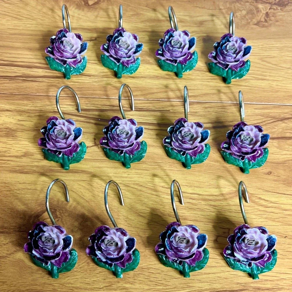 Vintage Bordeaux Floral Resin Shower Hooks Set of 12 Purple Cottage Shabby Chic‎